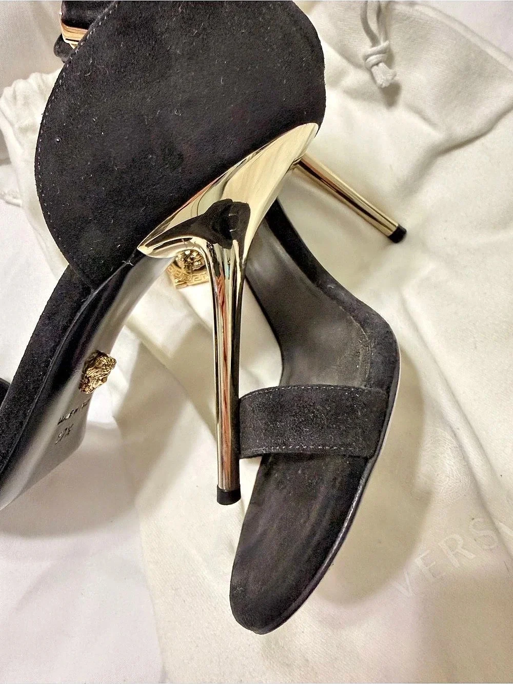 Versace Medusa Chain Ankle Strap Heel Sandals Black & Gold